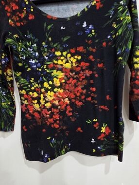 Escada Black Scoop Neck Top with Multicolor Floral Accents